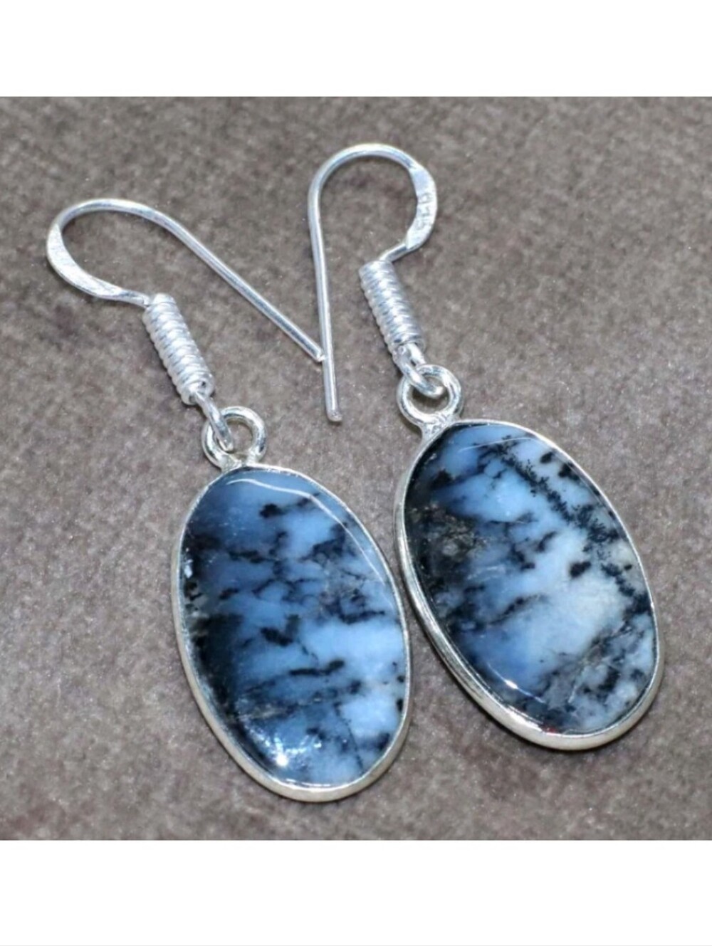 Marine Blue Dendritic Opal 925 Silver Handmade Drop Dangle Earrings